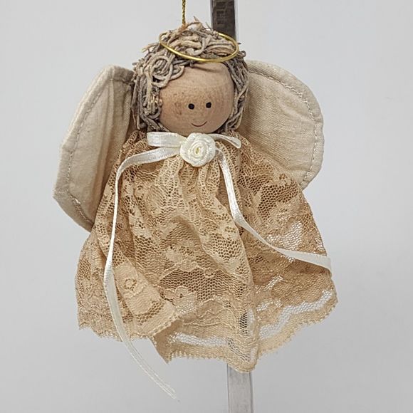 Vintage Christmas Tree Ornament Angel Wooden Lace Holiday Decor Figure - Picture 1 of 8